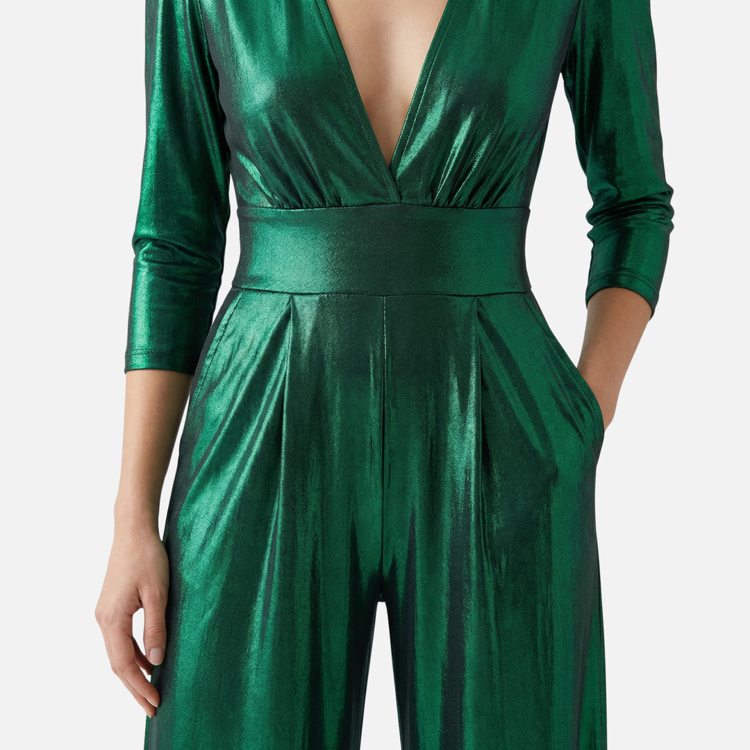 Shiny Finish Jumpsuit with Wide Legs for Women