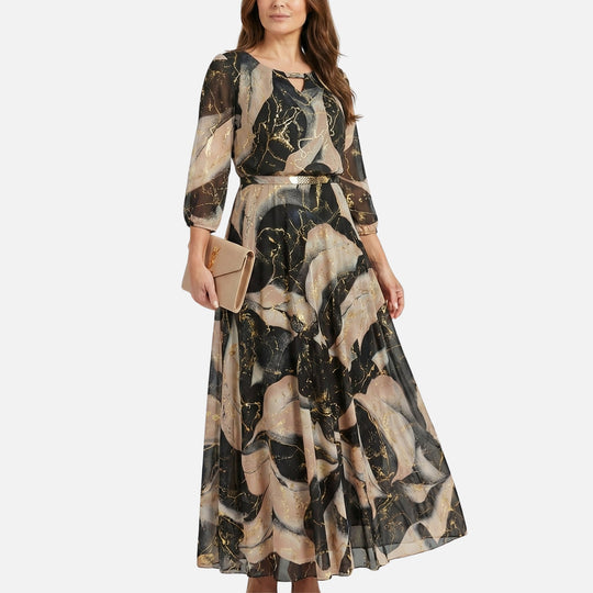 Shirred Waist Chiffon Maxi Dress V-neck for Women