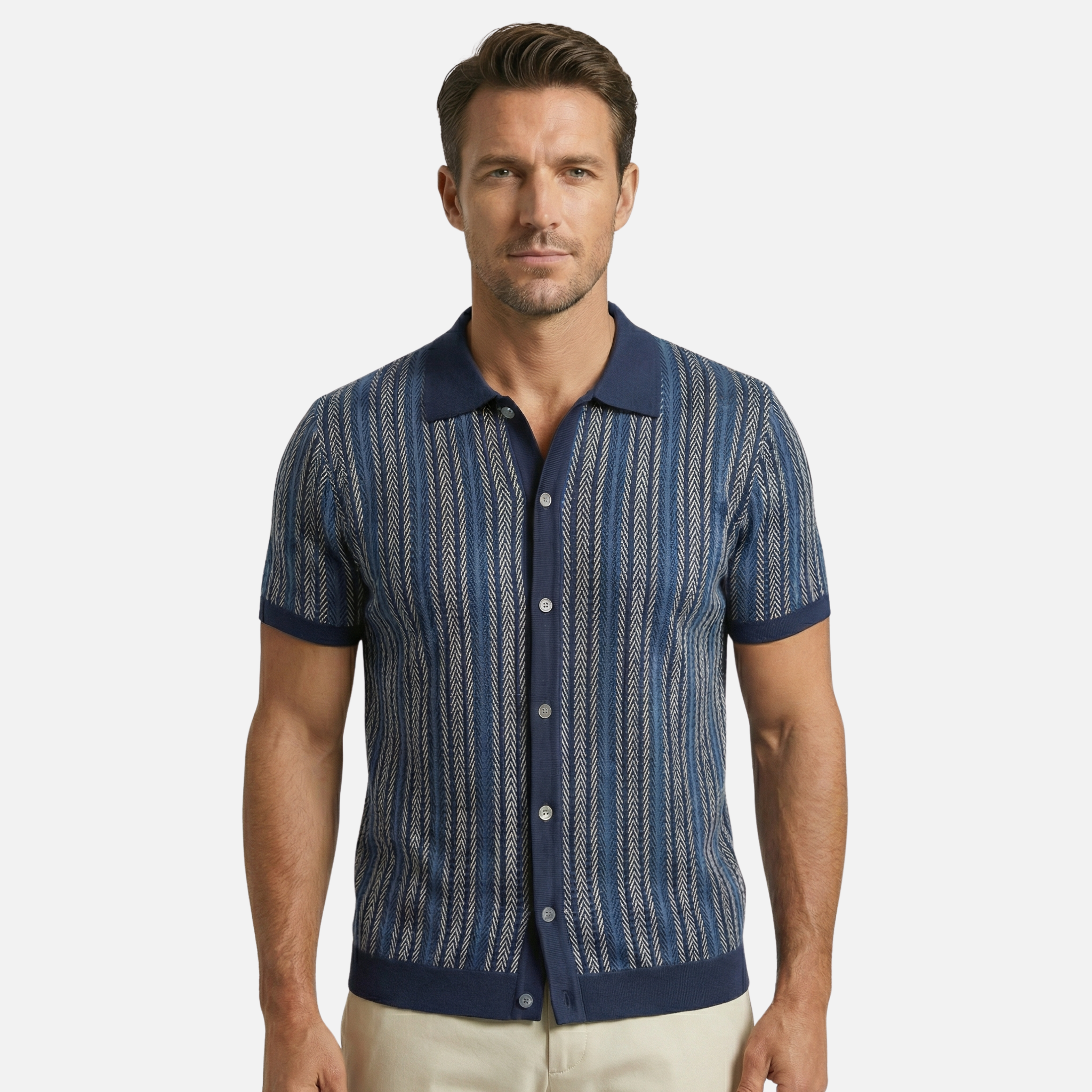 Striped Button-Down Shirt with Short Sleeves for Men