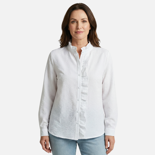 Striped Cotton Seersucker Blouse with Ruffled Trim for Women