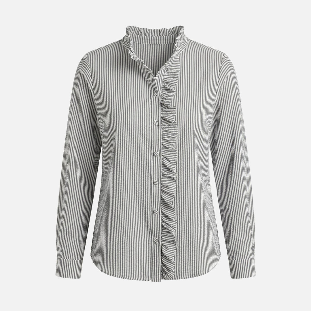Striped Cotton Seersucker Blouse with Ruffled Trim for Women
