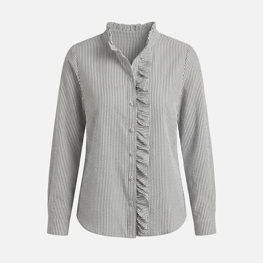Striped Cotton Seersucker Blouse with Ruffled Trim for Women