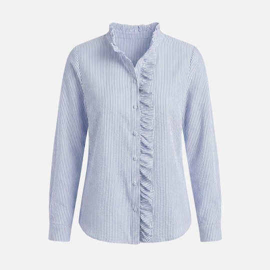 Striped Cotton Seersucker Blouse with Ruffled Trim for Women