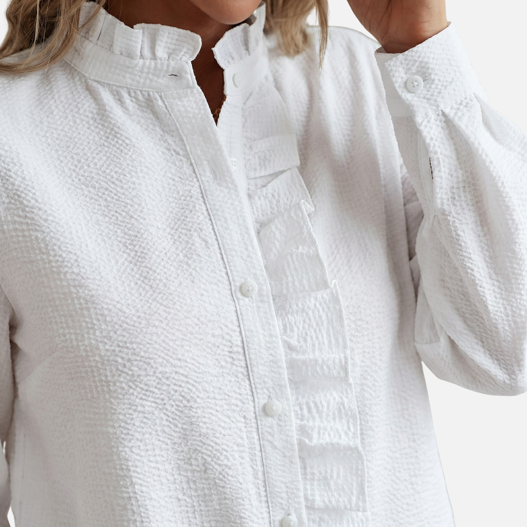Striped Cotton Seersucker Blouse with Ruffled Trim for Women
