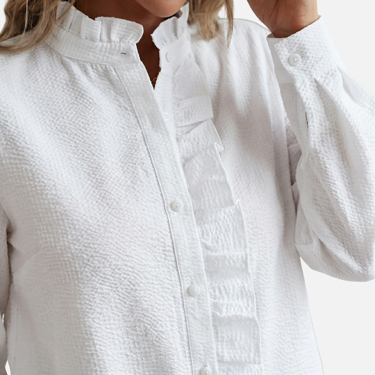 Striped Cotton Seersucker Blouse with Ruffled Trim for Women