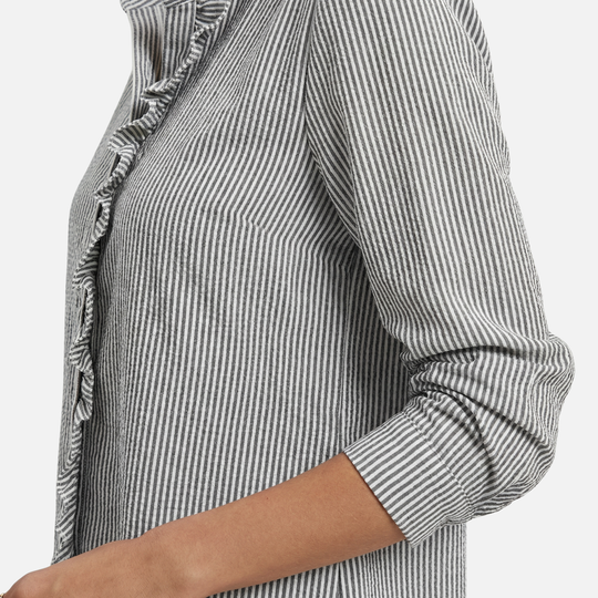 Striped Cotton Seersucker Blouse with Ruffled Trim for Women