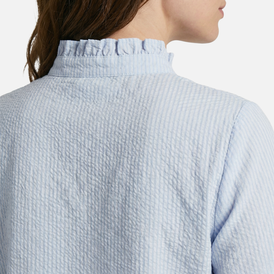 Striped Cotton Seersucker Blouse with Ruffled Trim for Women