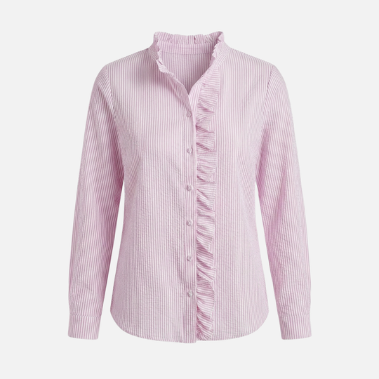 Striped Cotton Seersucker Blouse with Ruffled Trim for Women