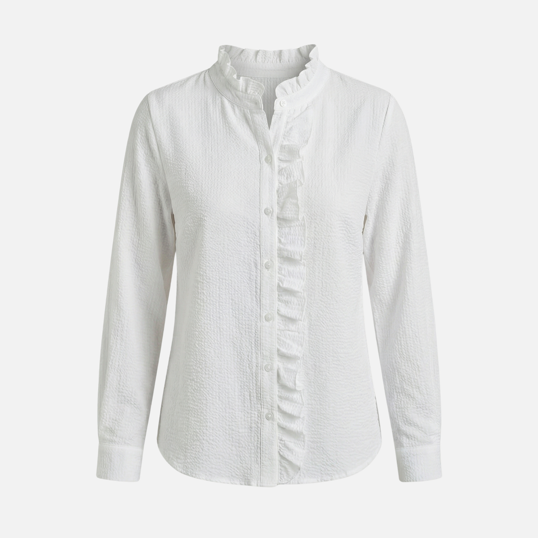 Striped Cotton Seersucker Blouse with Ruffled Trim for Women