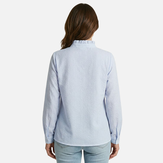 Striped Cotton Seersucker Blouse with Ruffled Trim for Women