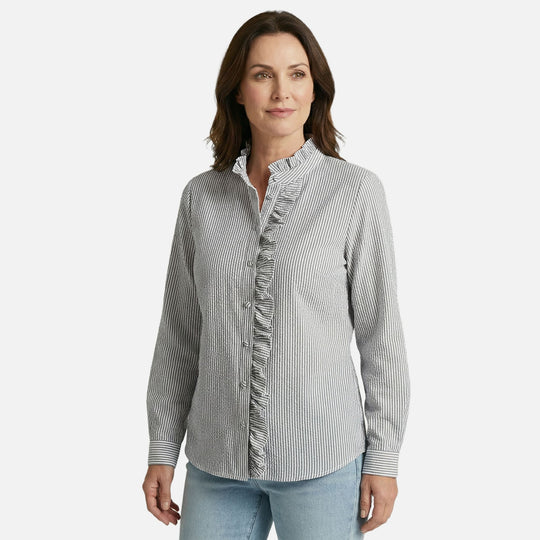 Striped Cotton Seersucker Blouse with Ruffled Trim for Women