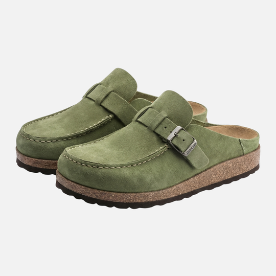 Suede Finish Clog Sandals with Decorative Buckle for Women
