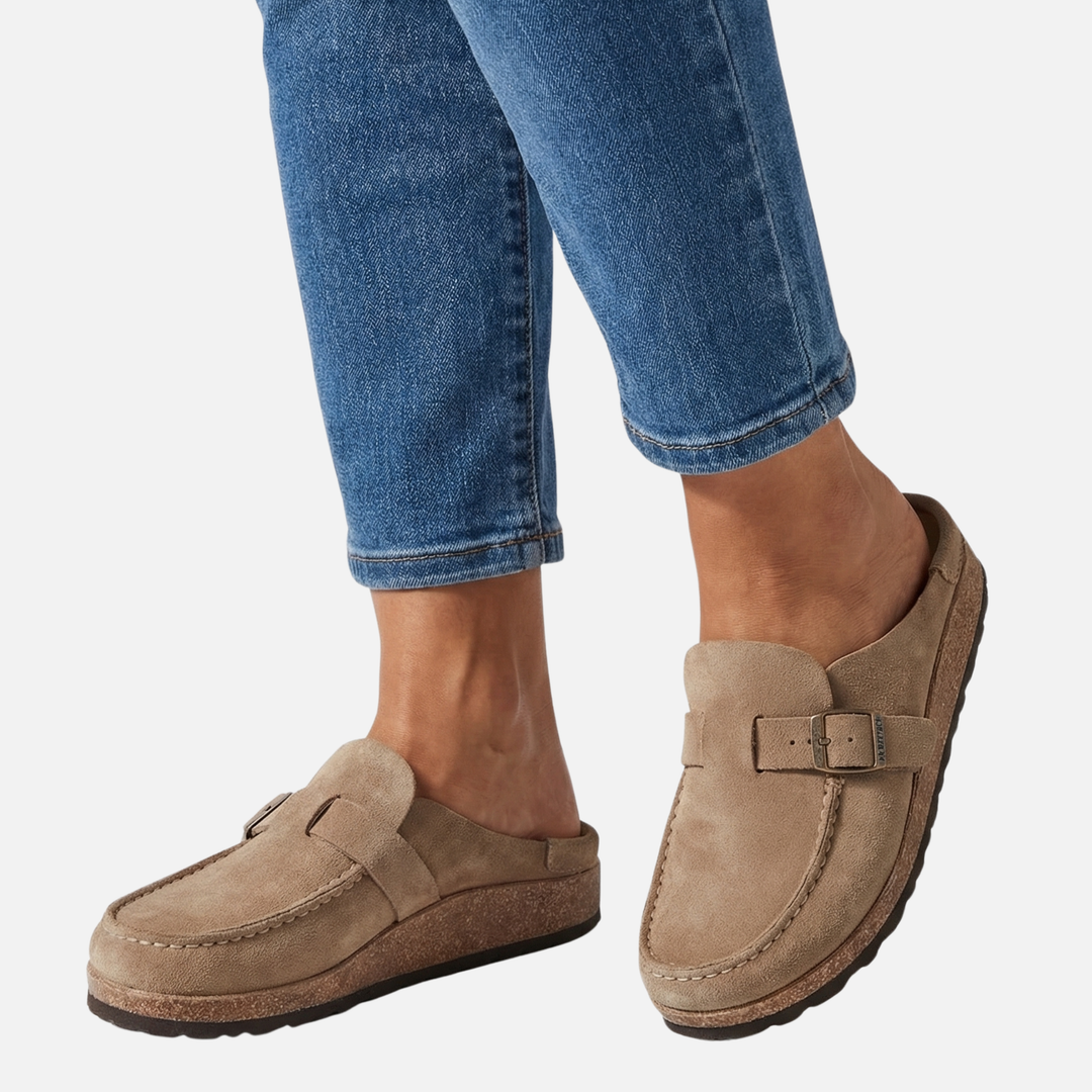 Suede Finish Clog Sandals with Decorative Buckle for Women