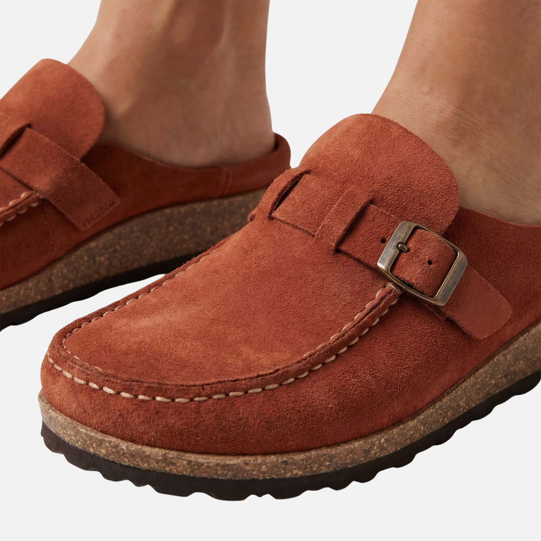Suede Finish Clog Sandals with Decorative Buckle for Women