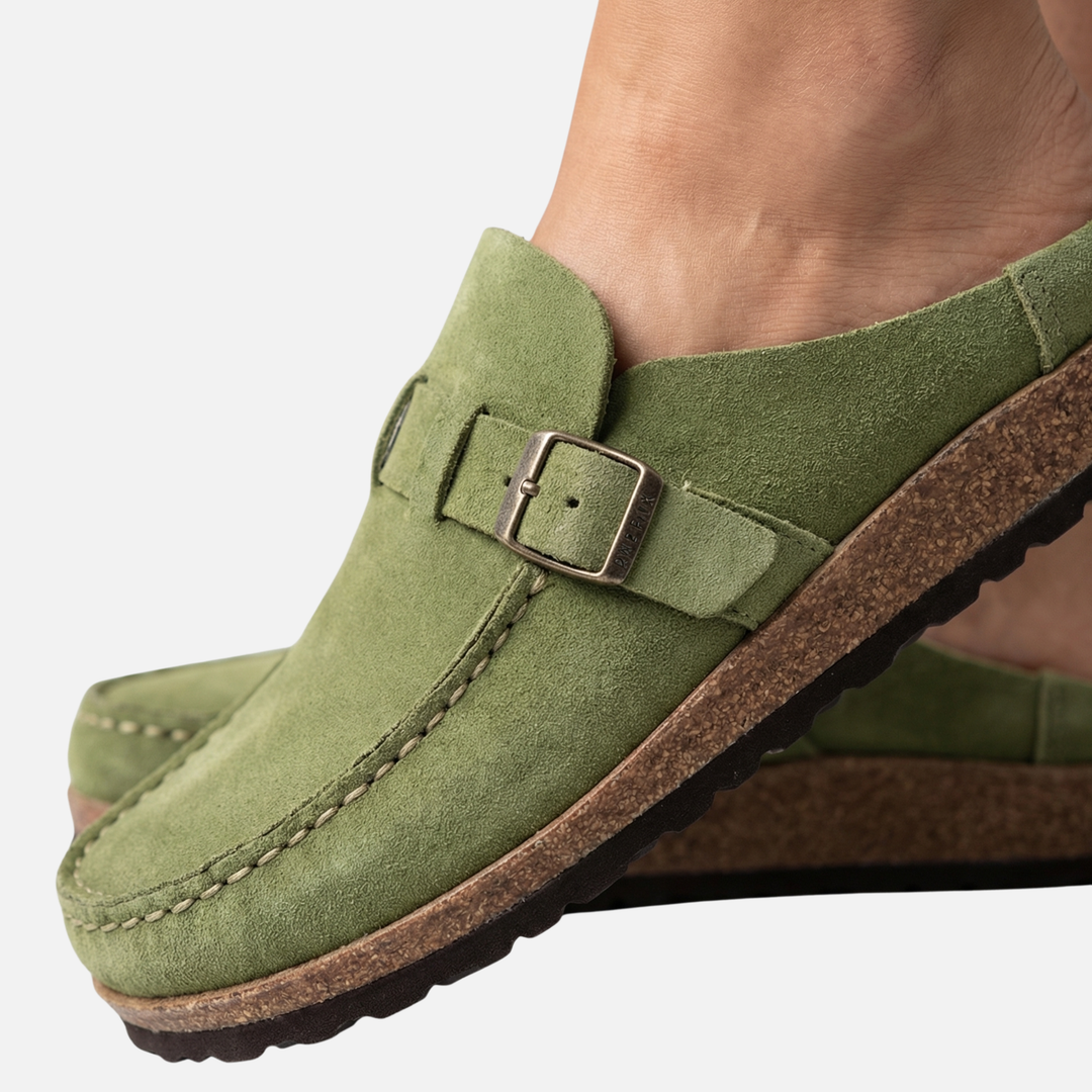 Suede Finish Clog Sandals with Decorative Buckle for Women