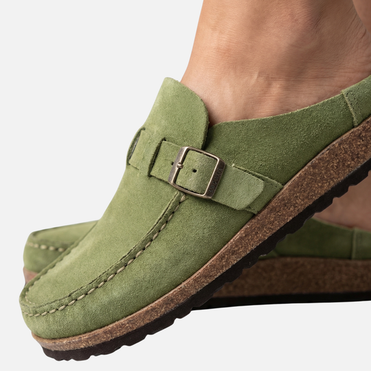 Suede Finish Clog Sandals with Decorative Buckle for Women