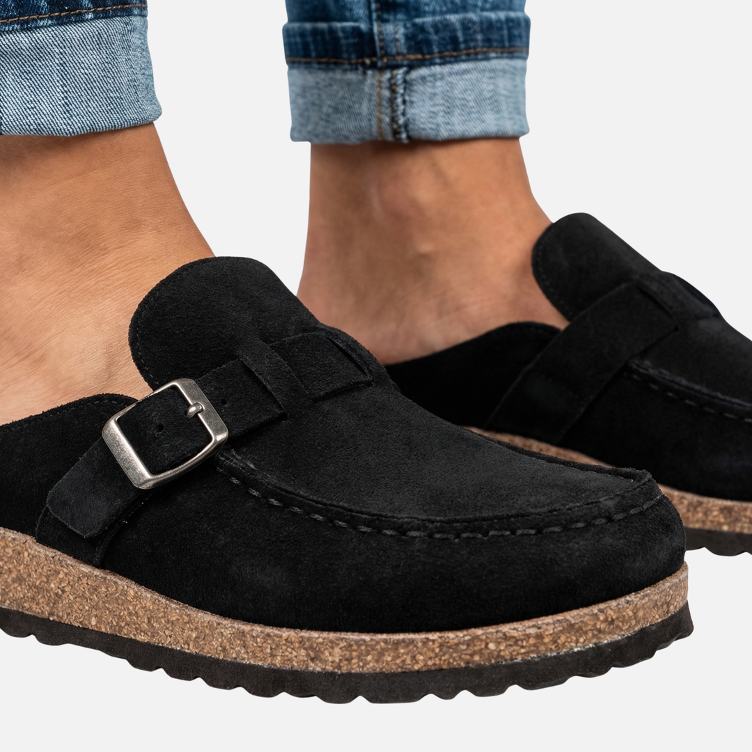 Suede Finish Clog Sandals with Decorative Buckle for Women