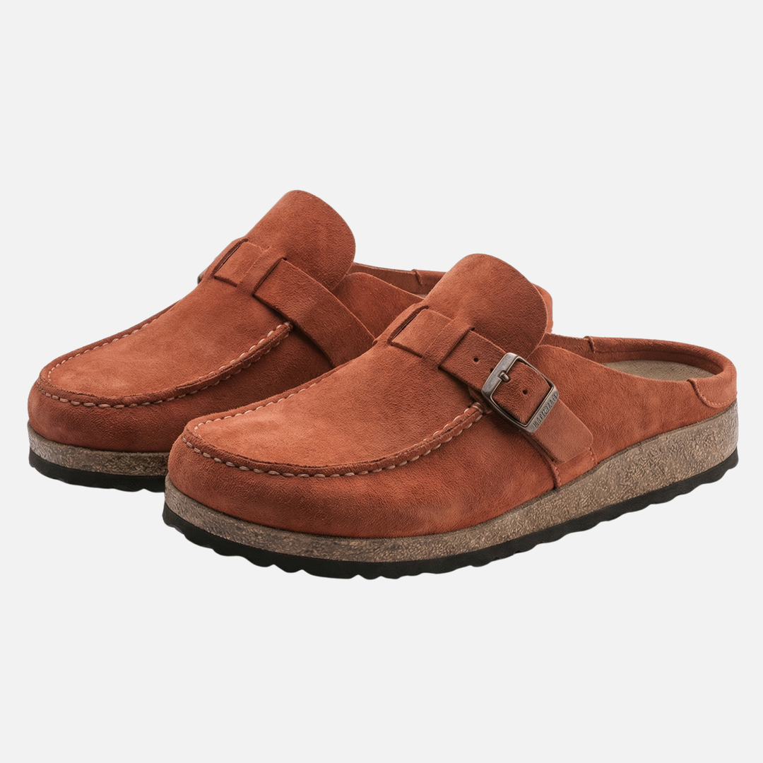 Suede Finish Clog Sandals with Decorative Buckle for Women