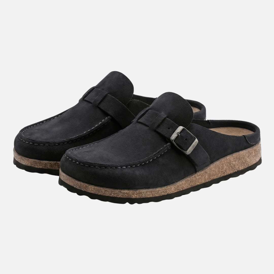 Suede Finish Clog Sandals with Decorative Buckle for Women
