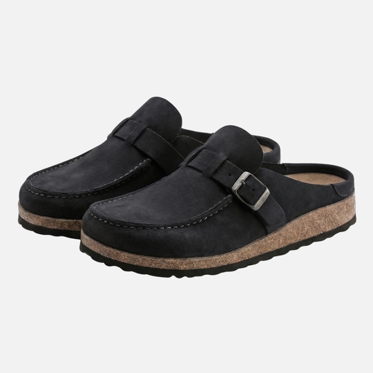 Suede Finish Clog Sandals with Decorative Buckle for Women