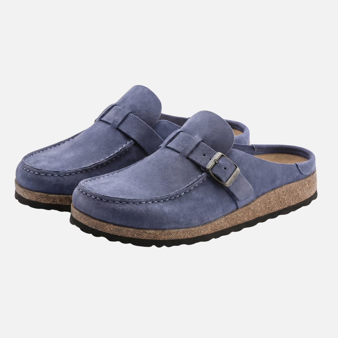 Suede Finish Clog Sandals with Decorative Buckle for Women