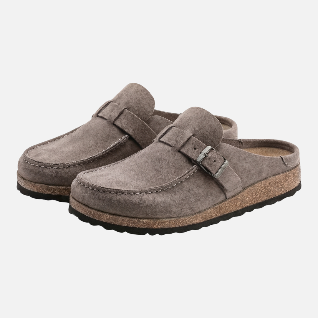 Suede Finish Clog Sandals with Decorative Buckle for Women