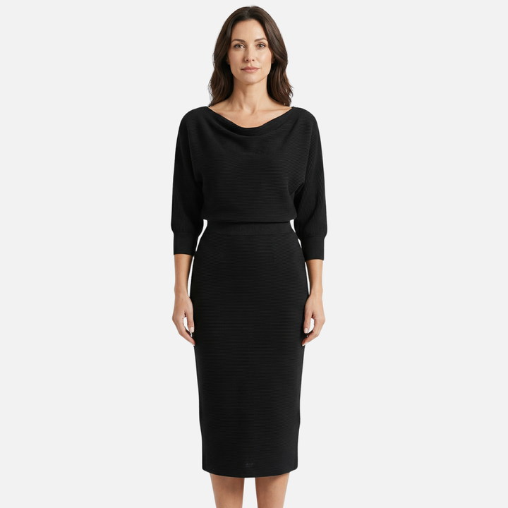 Textured Knit Midi Dress with Batwing Sleeves for Women