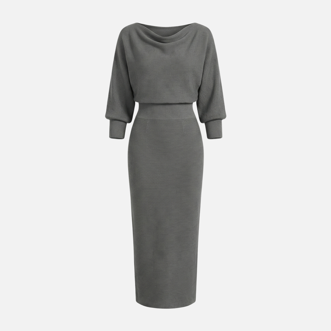 Textured Knit Midi Dress with Batwing Sleeves for Women
