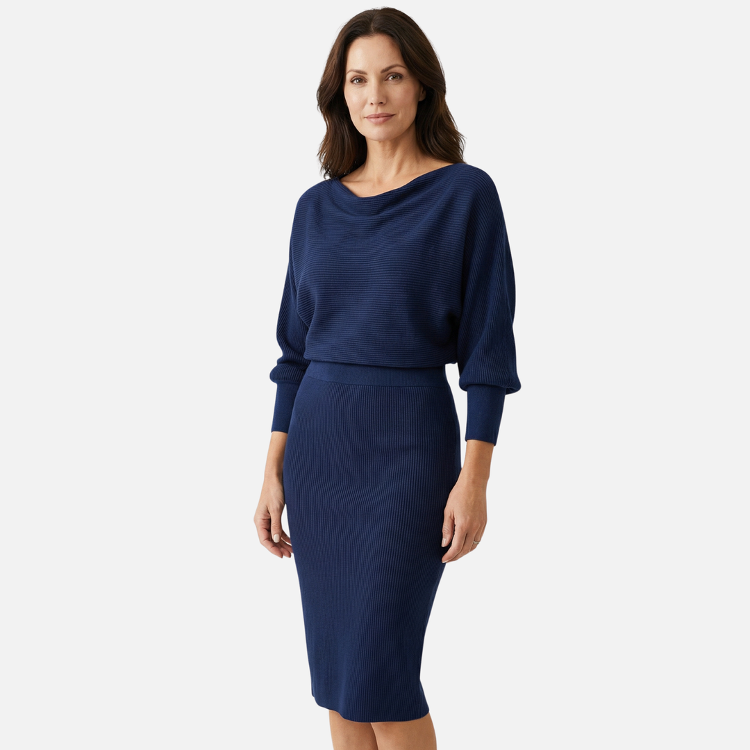 Textured Knit Midi Dress with Batwing Sleeves for Women