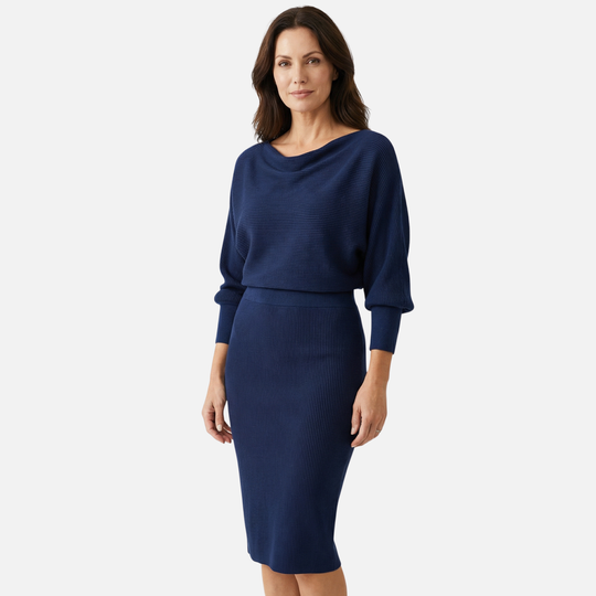 Textured Knit Midi Dress with Batwing Sleeves for Women