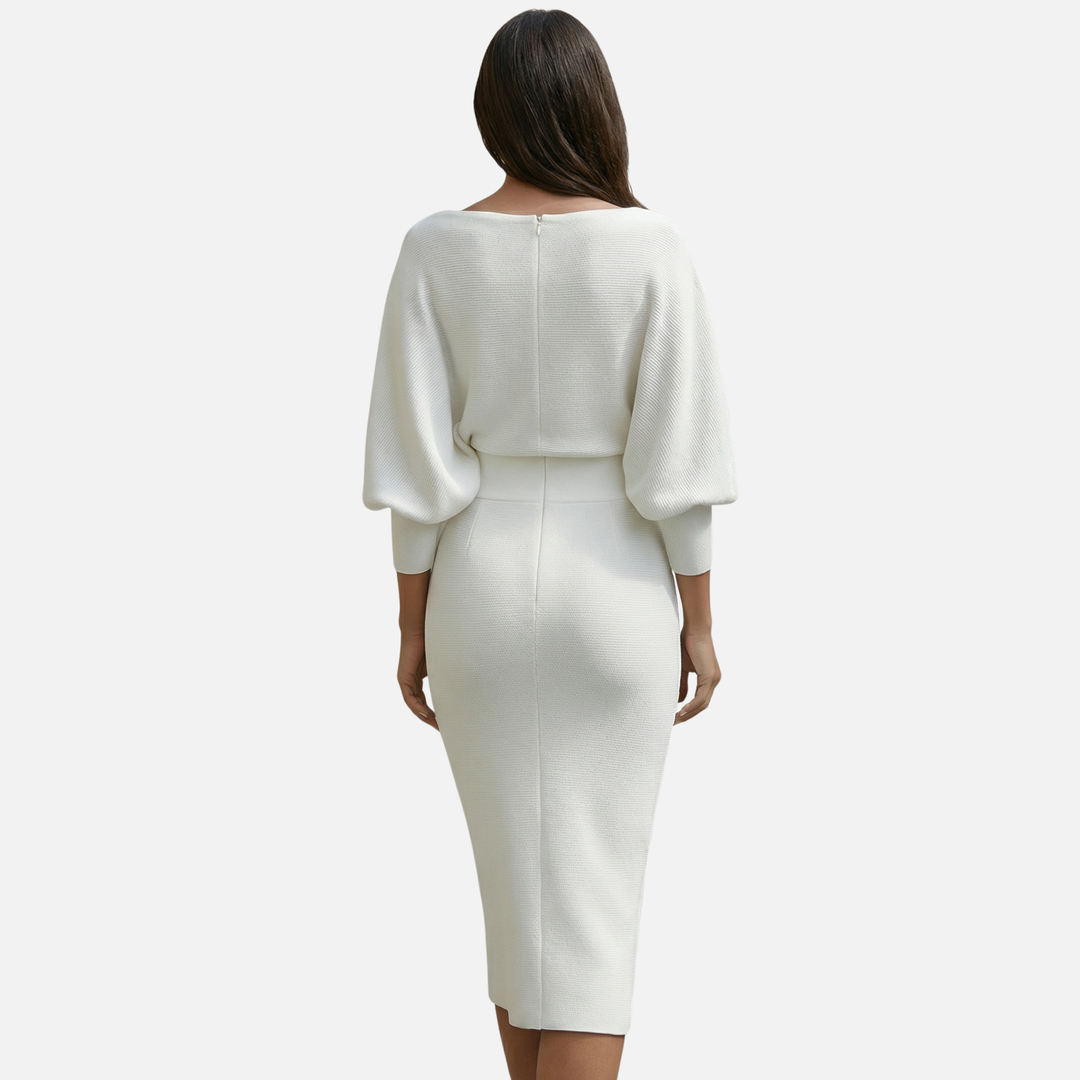 Textured Knit Midi Dress with Batwing Sleeves for Women