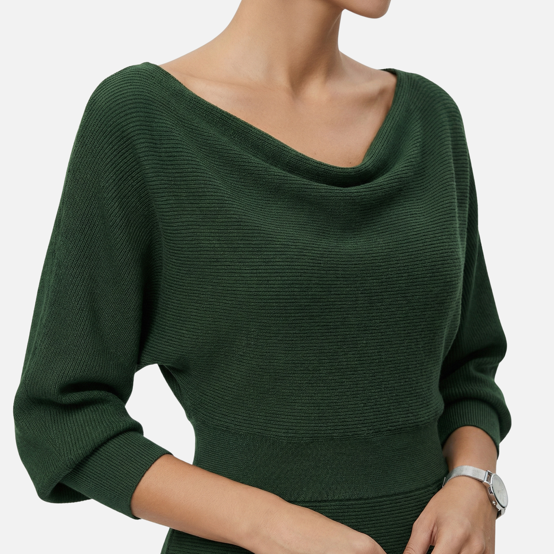 Textured Knit Midi Dress with Batwing Sleeves for Women