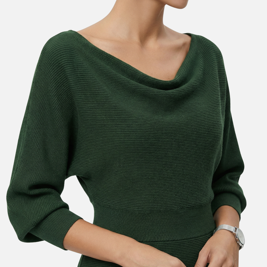 Textured Knit Midi Dress with Batwing Sleeves for Women
