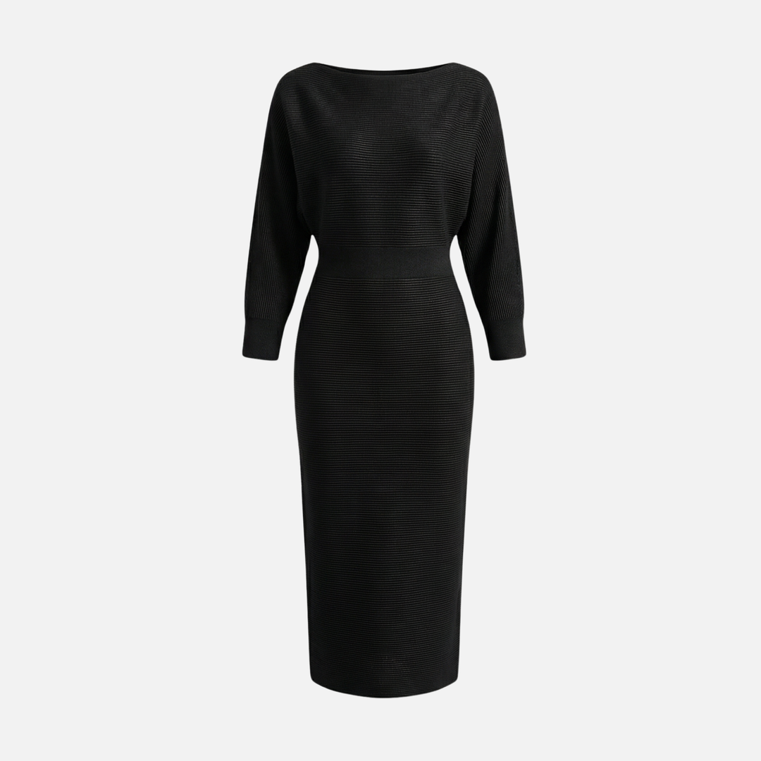 Textured Knit Midi Dress with Batwing Sleeves for Women