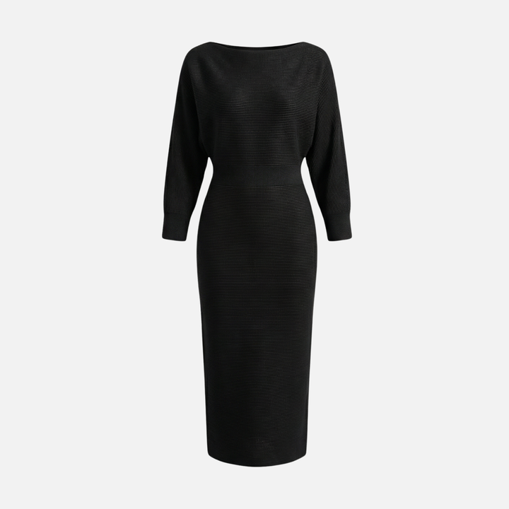 Textured Knit Midi Dress with Batwing Sleeves for Women