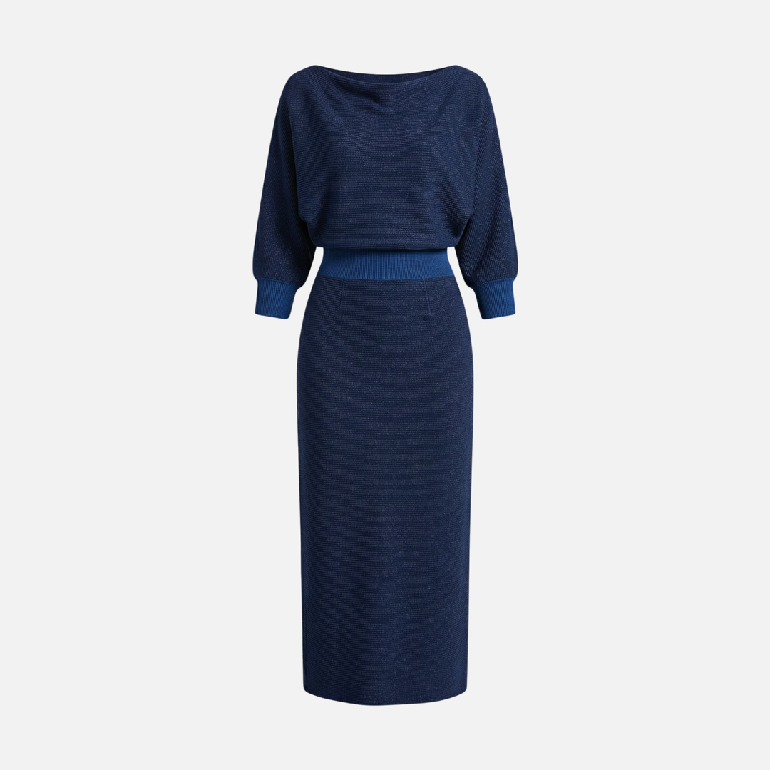 Textured Knit Midi Dress with Batwing Sleeves for Women