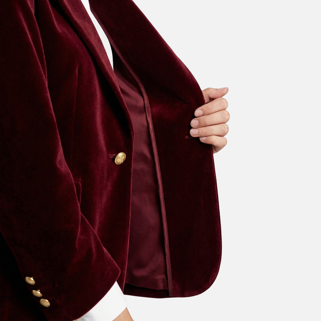 Velvet Texture Blazer with Gold Tone Buttons for Women