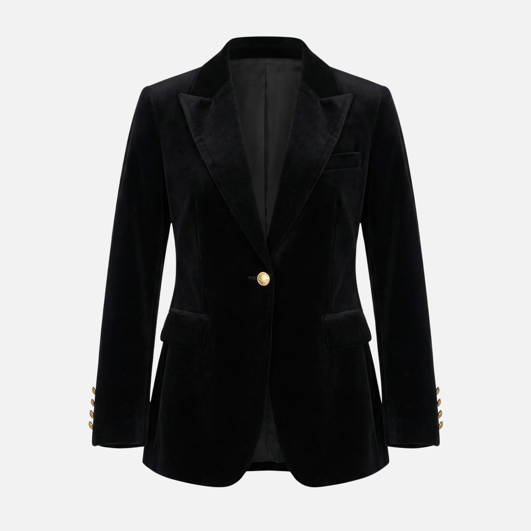 Velvet Texture Blazer with Gold Tone Buttons for Women
