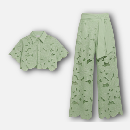Women’s Cutout Embroidered Two-Piece Set with Scalloped Hem