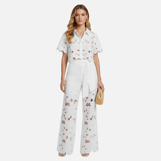 Women’s Cutout Embroidered Two-Piece Set with Scalloped Hem