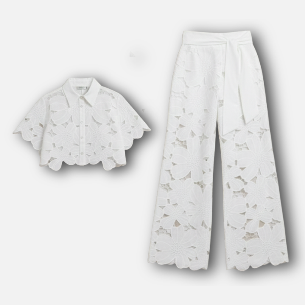 Women’s Cutout Embroidered Two-Piece Set with Scalloped Hem