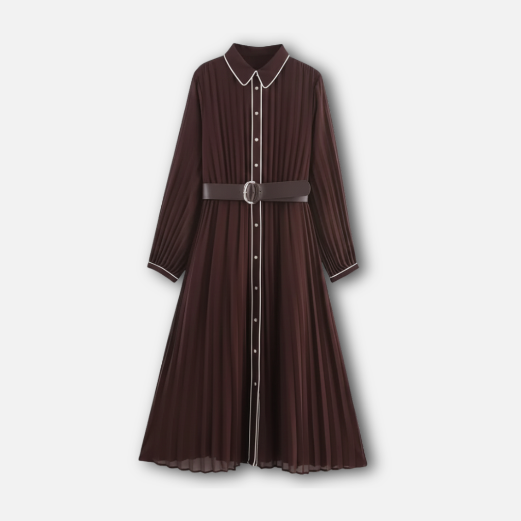 Women’s Pleated Chiffon Midi Dress with Turn-Down Collar