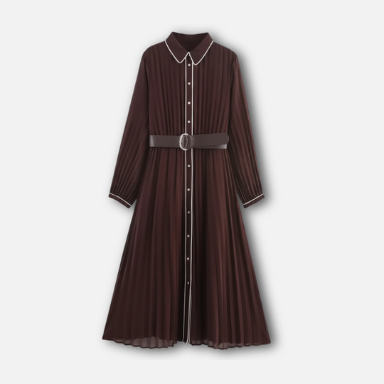 Women’s Pleated Chiffon Midi Dress with Turn-Down Collar
