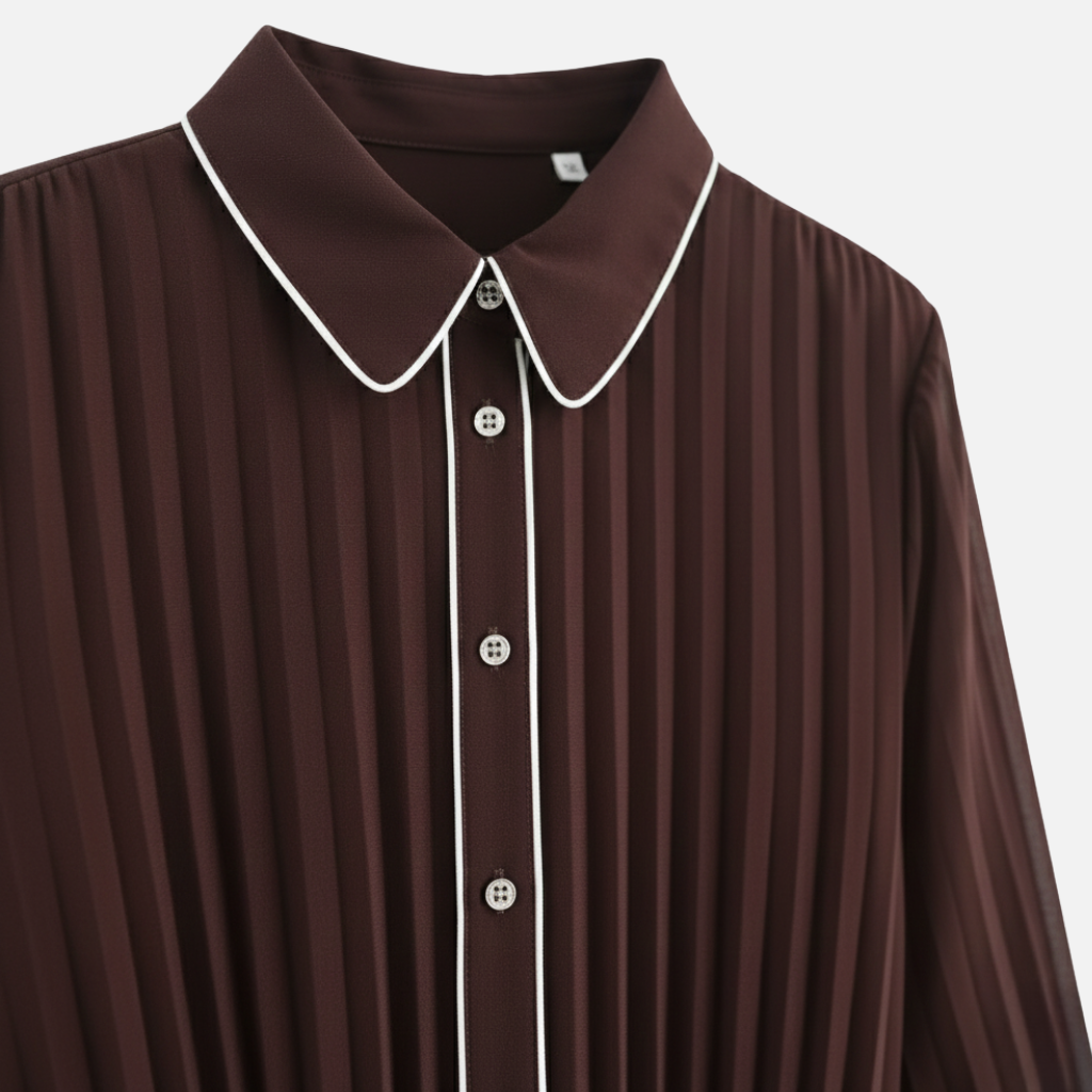 Women’s Pleated Chiffon Midi Dress with Turn-Down Collar