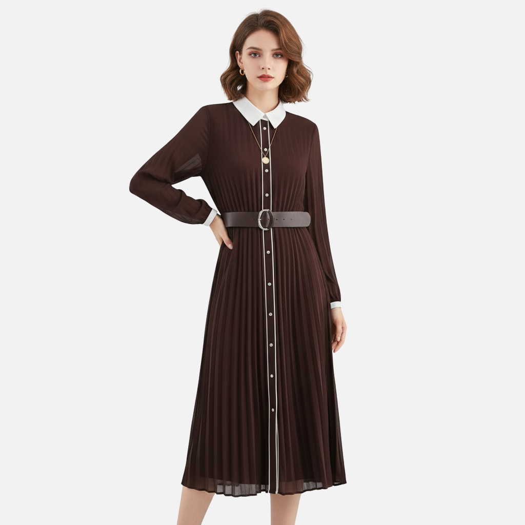 Women’s Pleated Chiffon Midi Dress with Turn-Down Collar