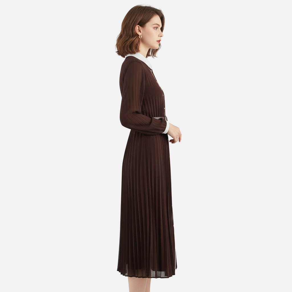 Women’s Pleated Chiffon Midi Dress with Turn-Down Collar