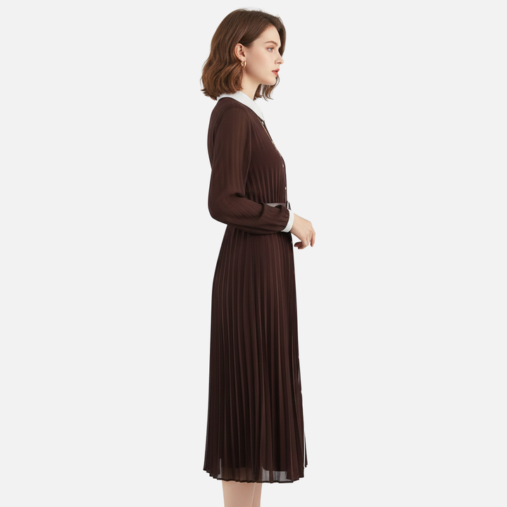 Women’s Pleated Chiffon Midi Dress with Turn-Down Collar