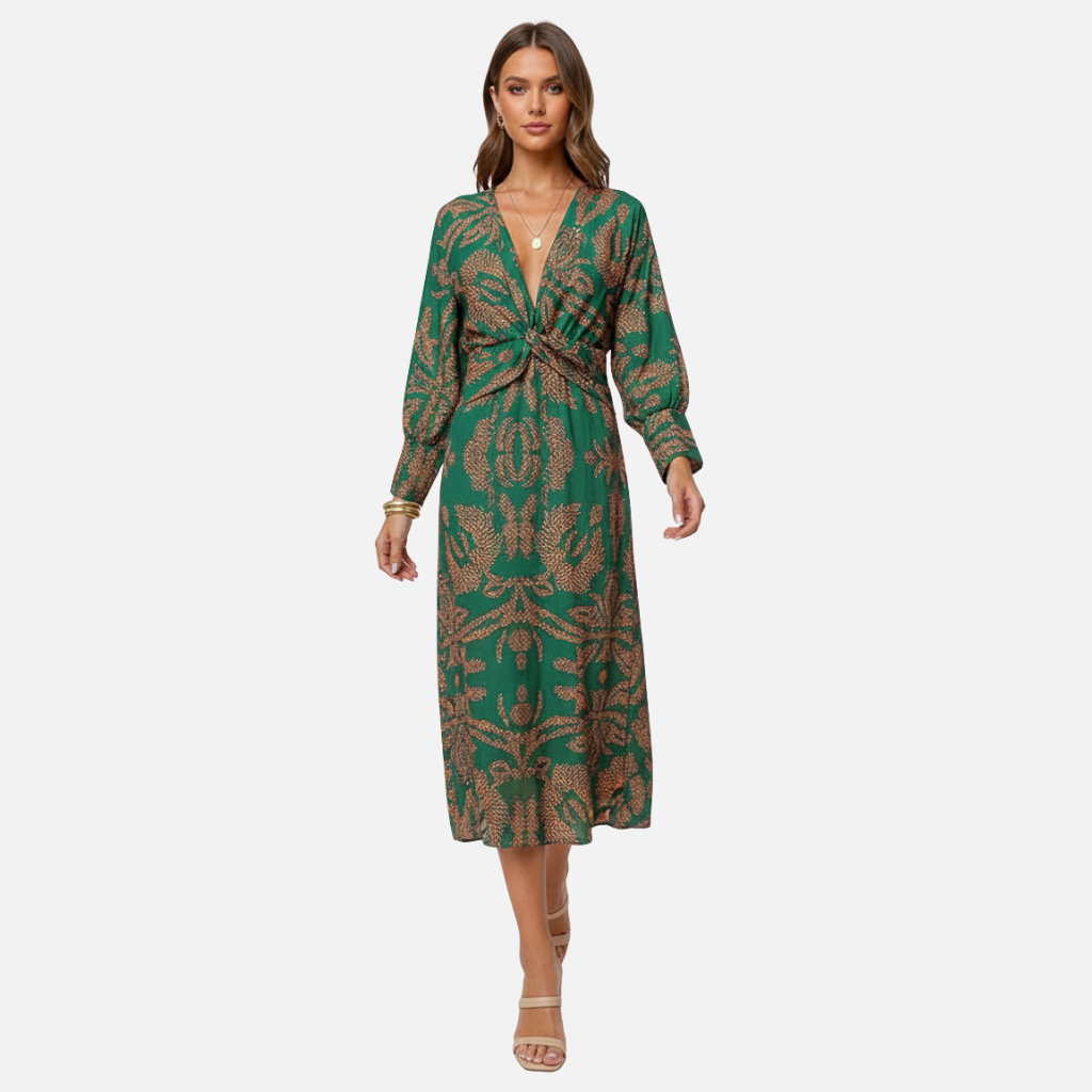 Women’s Printed V-Neck Maxi Dress with Long Sleeves