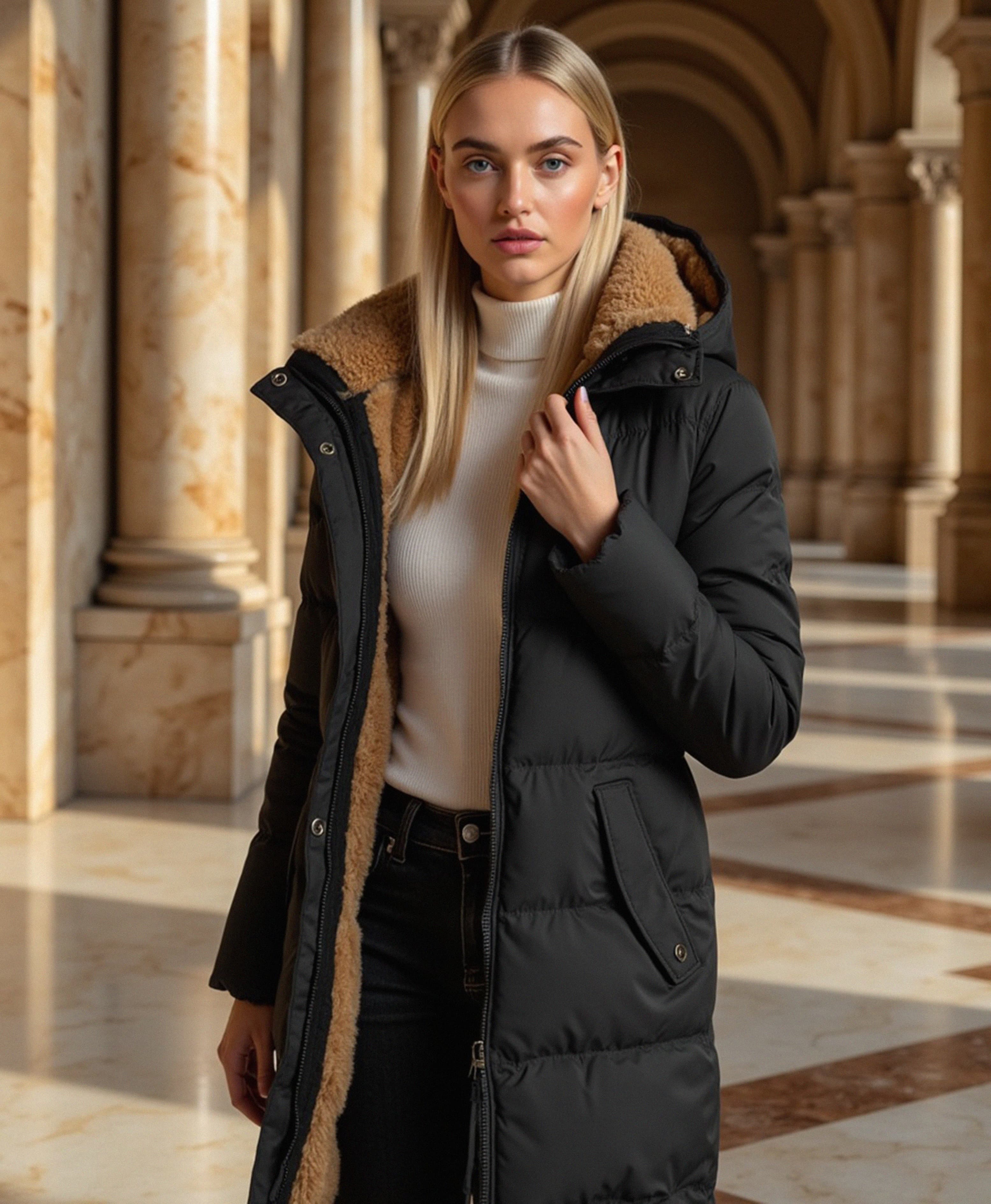 Quilted Puffer Jacket with Hooded Collar for Women
