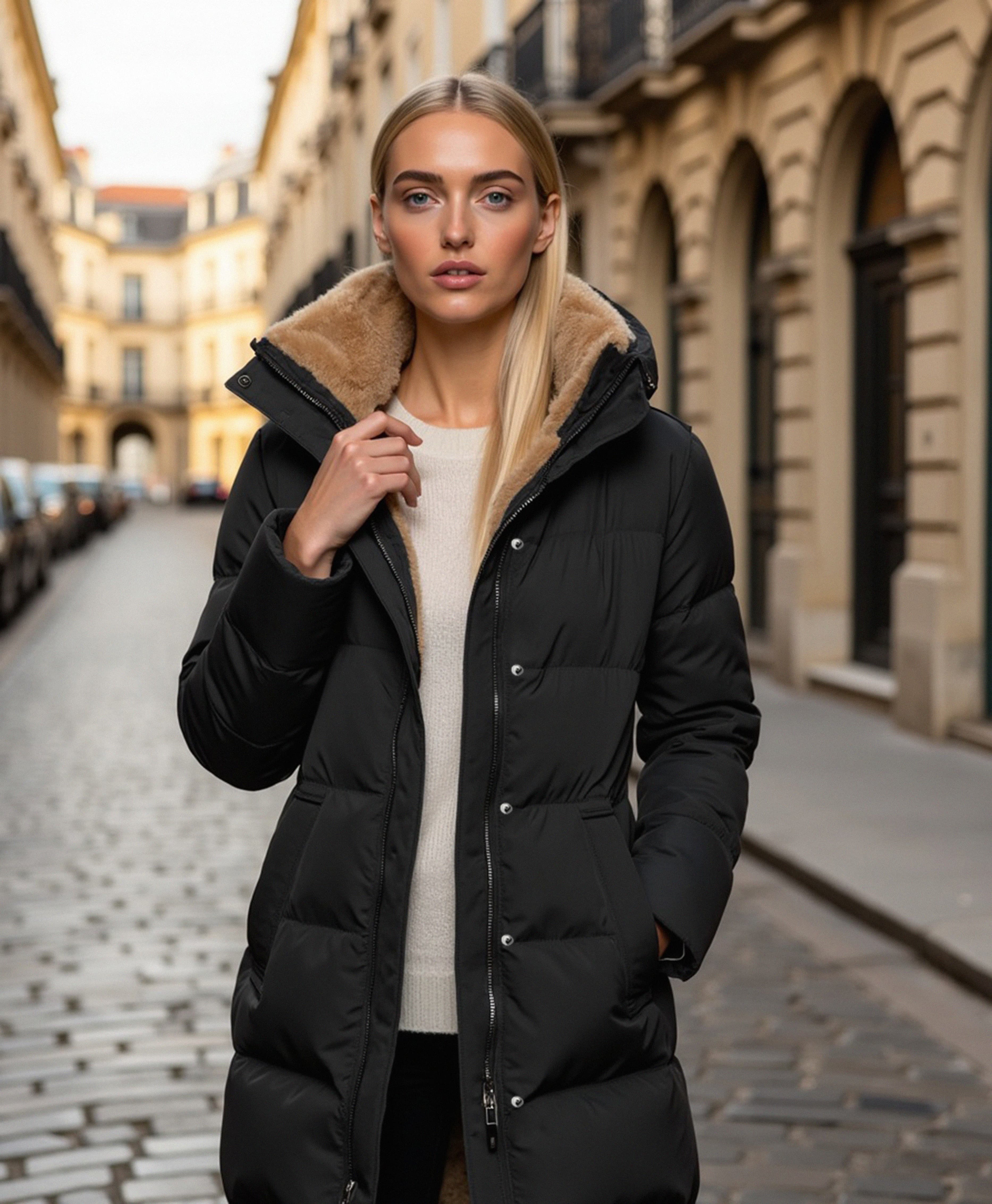 Quilted Puffer Jacket with Hooded Collar for Women